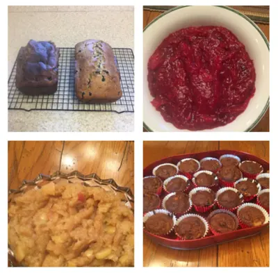 Four of Kristina's recipes: banana bread cooling on a rack, cranberry sauce, apple crisp and stuffed dates