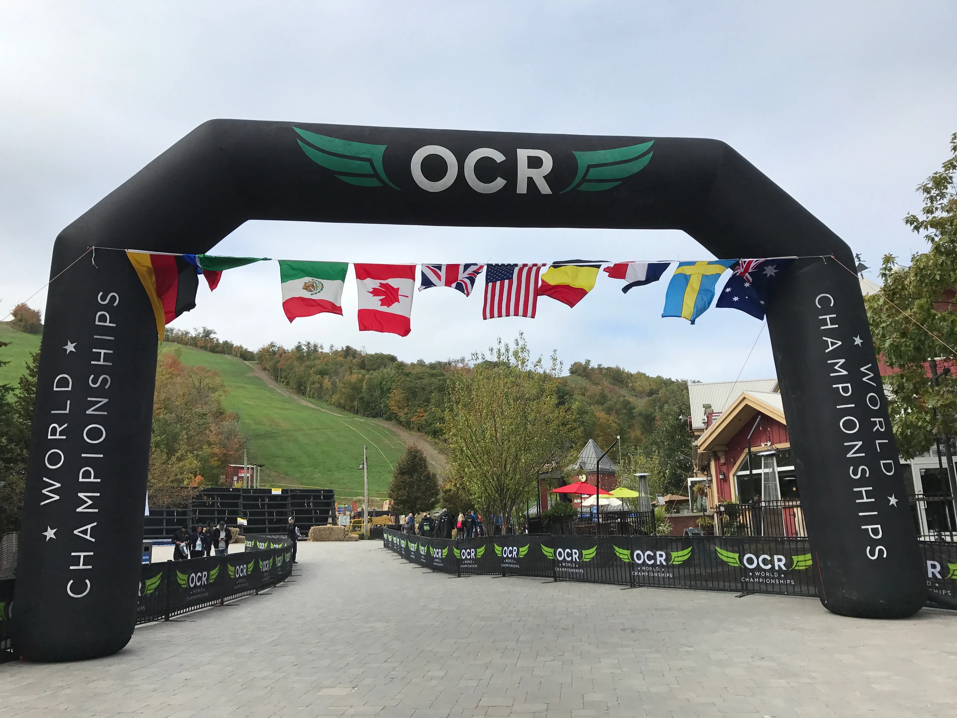 The OCR World Championships inflatable start arch, ringed with national flags